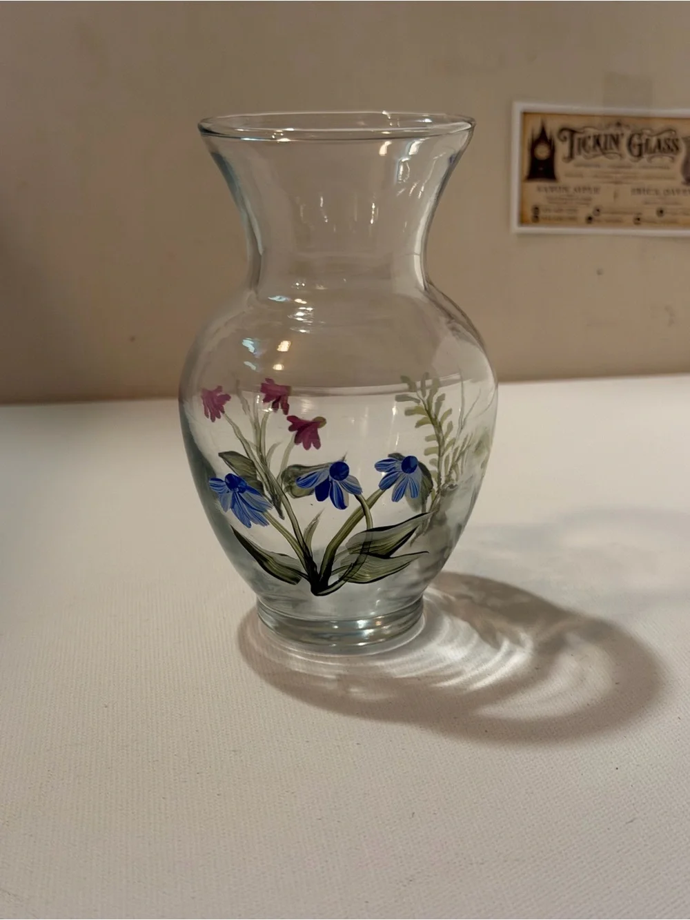 Hand-Painted Floral Glass Vase - Blue and Pink Flowers